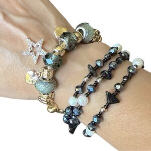 Bundle bracelets 1 Gold tone/charms & 3 Fresh water pearl & black agate stretch